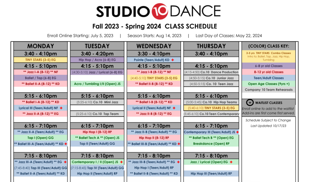 dance schedule 101723