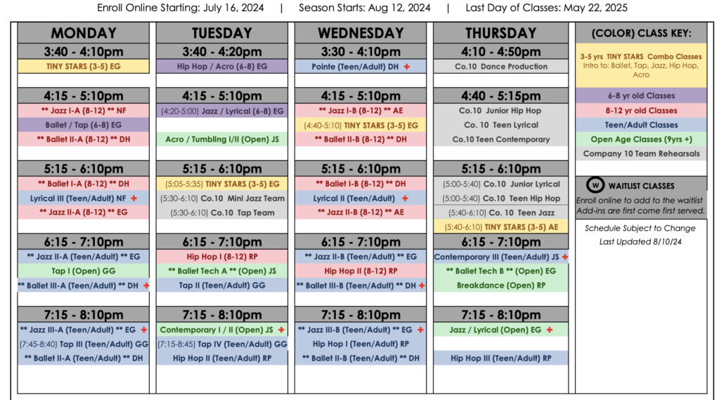 Studio 10 Dance Schedule Grid 081224