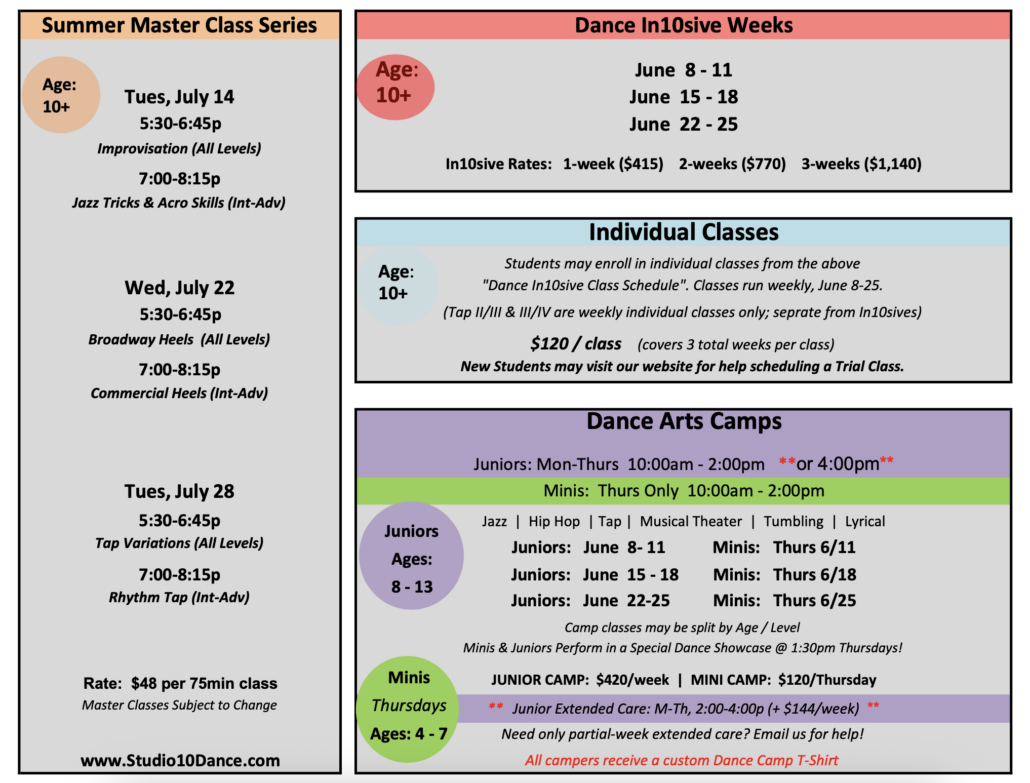 studio 10 2026 summer dates and rates screenshot