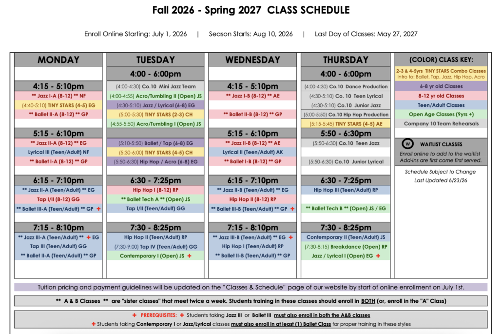 Studio 10 Fall-Spring 2026-27 Schedule screenshot 063026 studio 10 dance class schedule screenshot