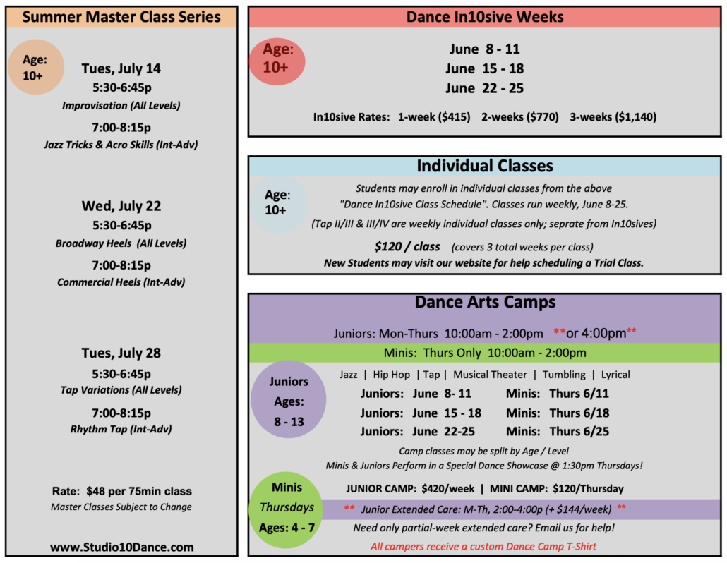 studio 10 2026 summer dates and rates screenshot